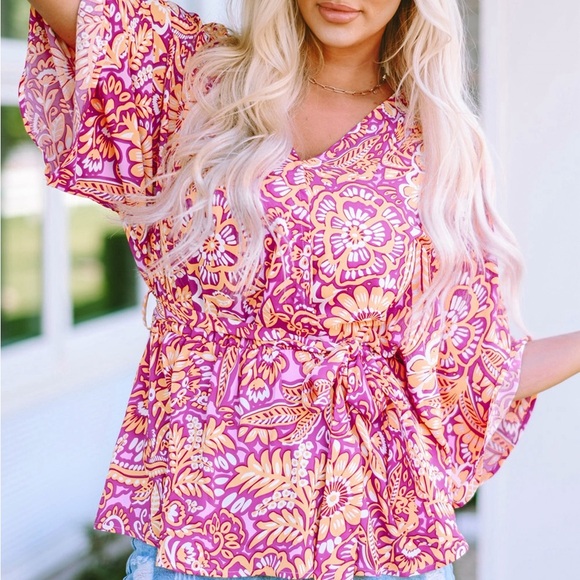Boho Floral Print Belted Surplice Blouse Bohemian Top - Picture 4 of 15